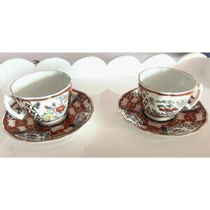 PAIR Japanese GOLD IMARI Tea Cup & Saucer Hand Painted Asian Dinnerware Birds